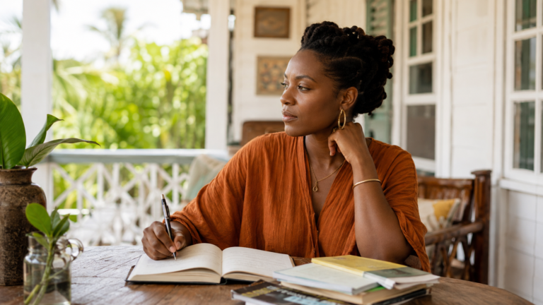Black Caribbean woman writing in a notebook while seated on a sunlit veranda.